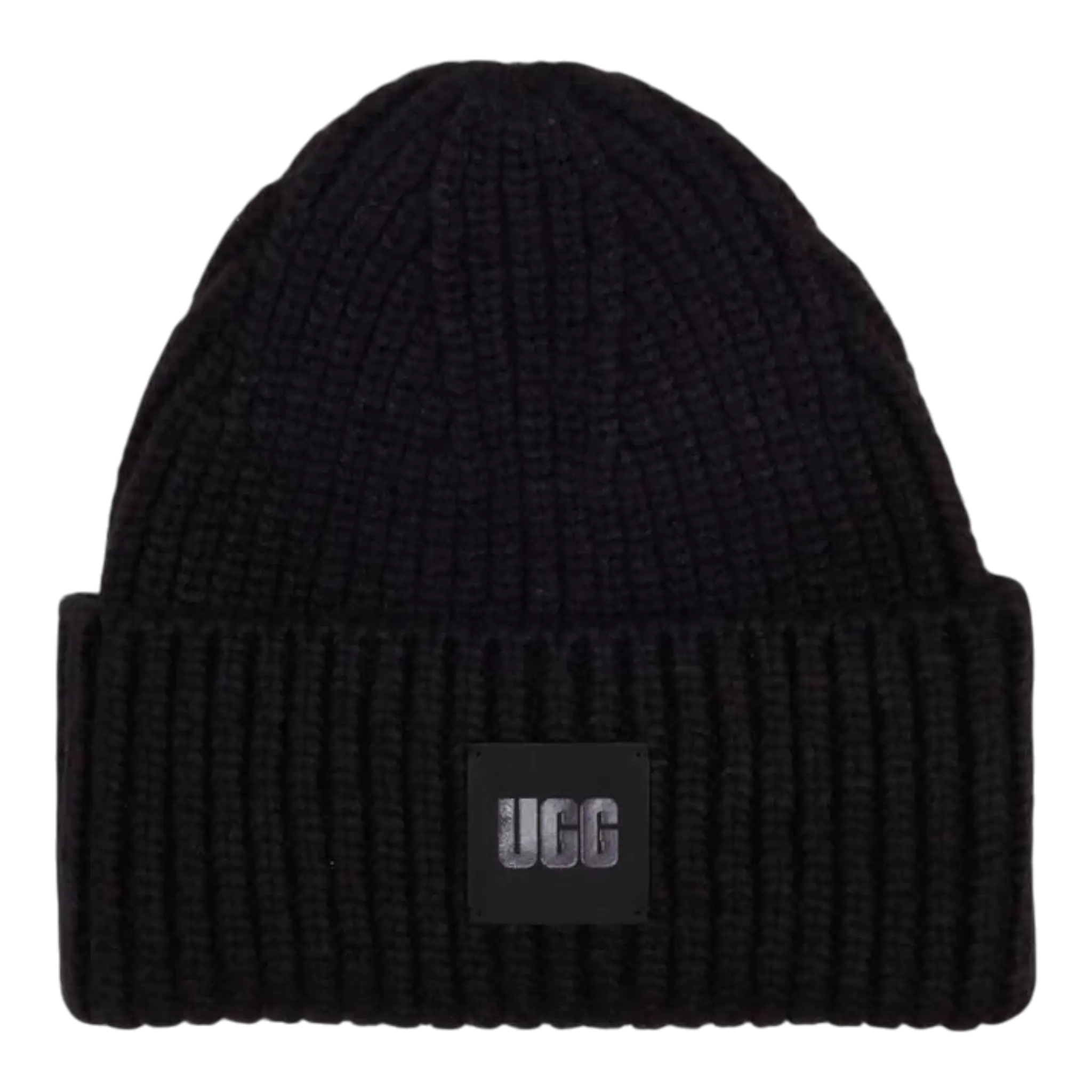 Ugg Chunky Beanie Women's Black Rib Knit Logo Patch Fold Over Cuff Hat UGG