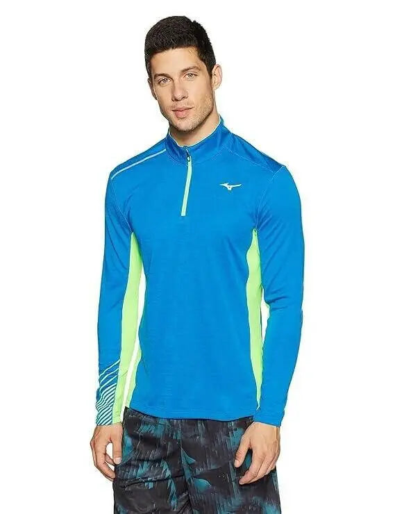 Mizuno Warmalite Running Top Men Blue Half Zip Mock Neck Long Sleeve.
