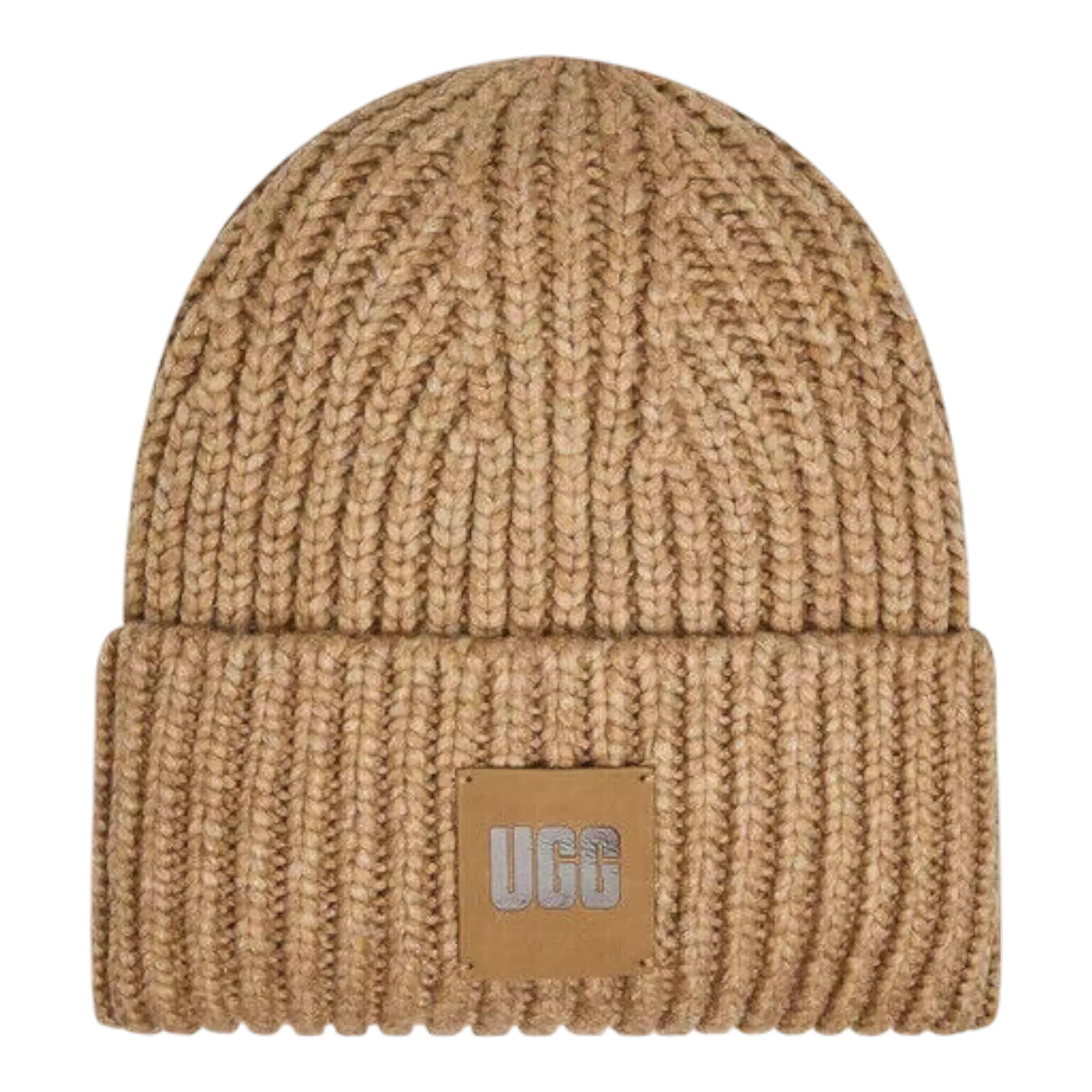 Ugg Chunky Beanie Women's Camel Rib Knit Logo Patch Fold Over Cuff Hat UGG