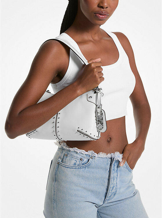 Michael Kors Astor Shoulder Bag Women Large White Leather Studded.