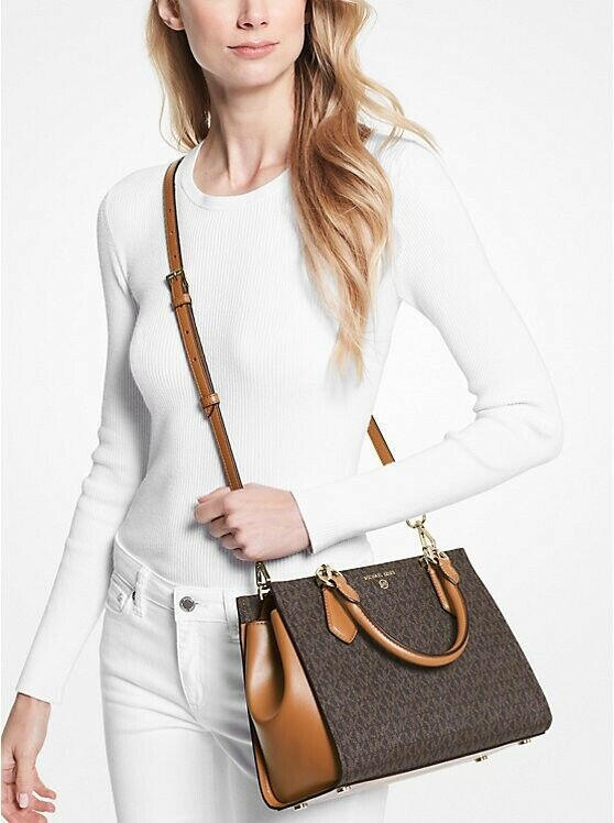 Michael Kors Marilyn Handbag Women Medium Brown Logo Satchel Bag.