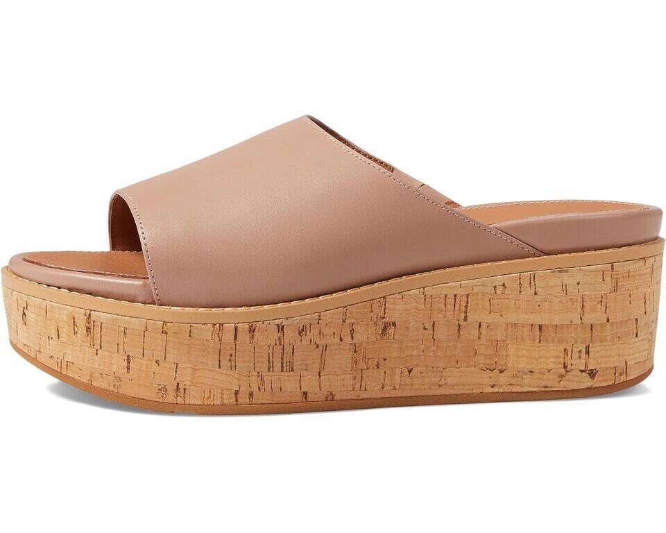FitFlop Eloise Slides Sandals Women's Beige Leather Cork Wrap Wedge.