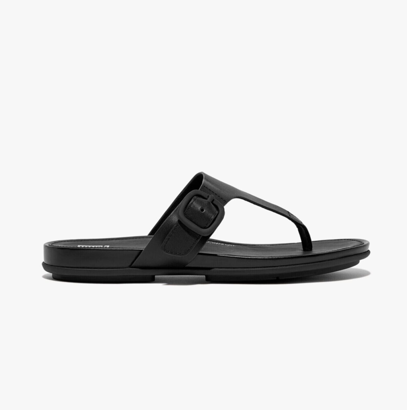 FitFlop Gracie Sandals Women's Black Leather Toe-Post Rubber-Buckle.