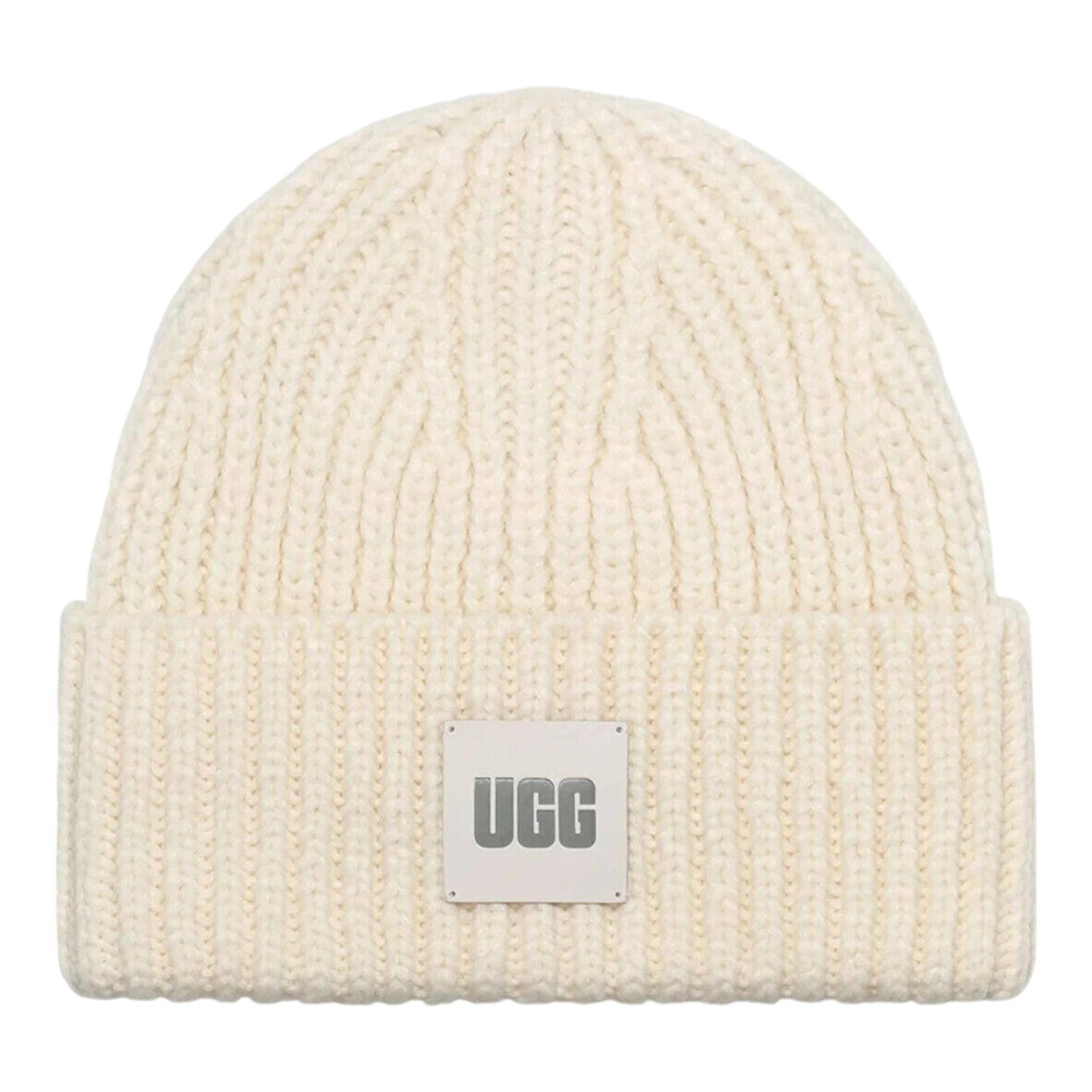 Ugg Chunky Beanie Women's Ivory Rib Knit Logo Patch Fold Over Cuff Hat UGG