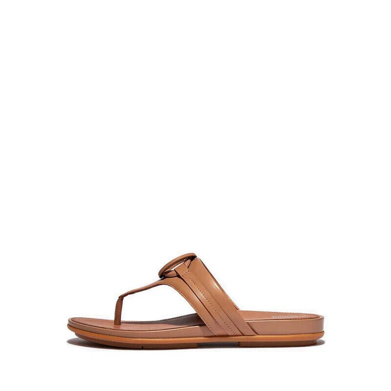 FitFlop Gracie Thong Sandals Women's Tan Rubber-Circlet Leather Toe-Post.