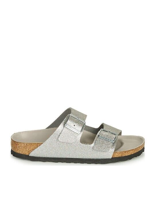 Birkenstock Arizona Slippers Women's Silver Glitter Soft Footbed Slip-On