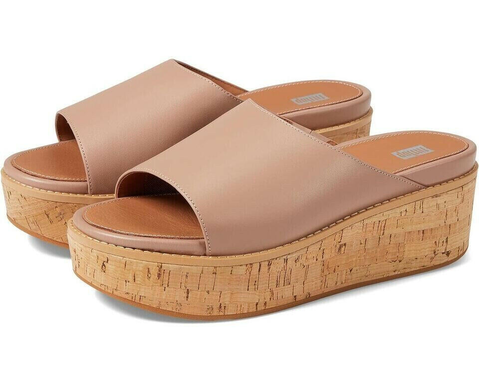 FitFlop Eloise Slides Sandals Women's Beige Leather Cork Wrap Wedge.