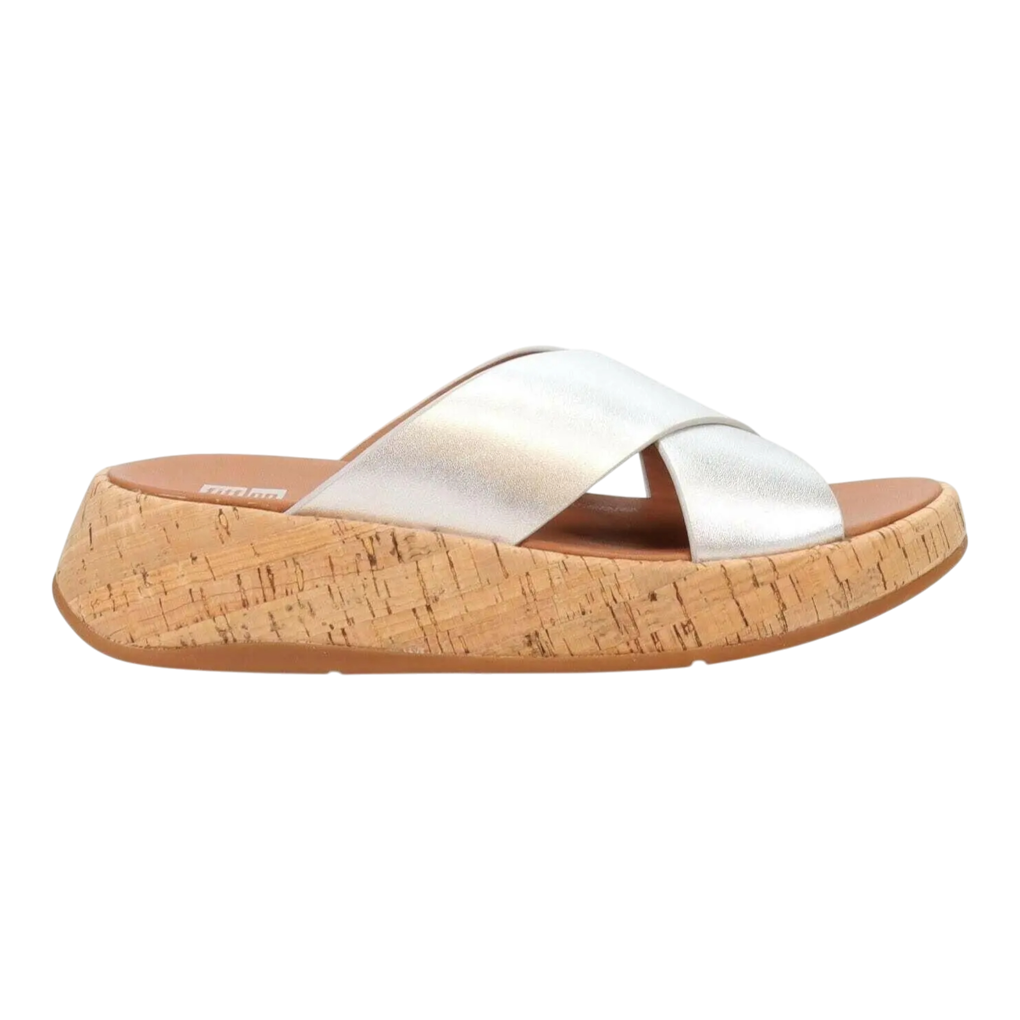 FitFlop F-Mode Cross Sandals Womens Silver Leather Cork Flatform Slip-on FitFlop