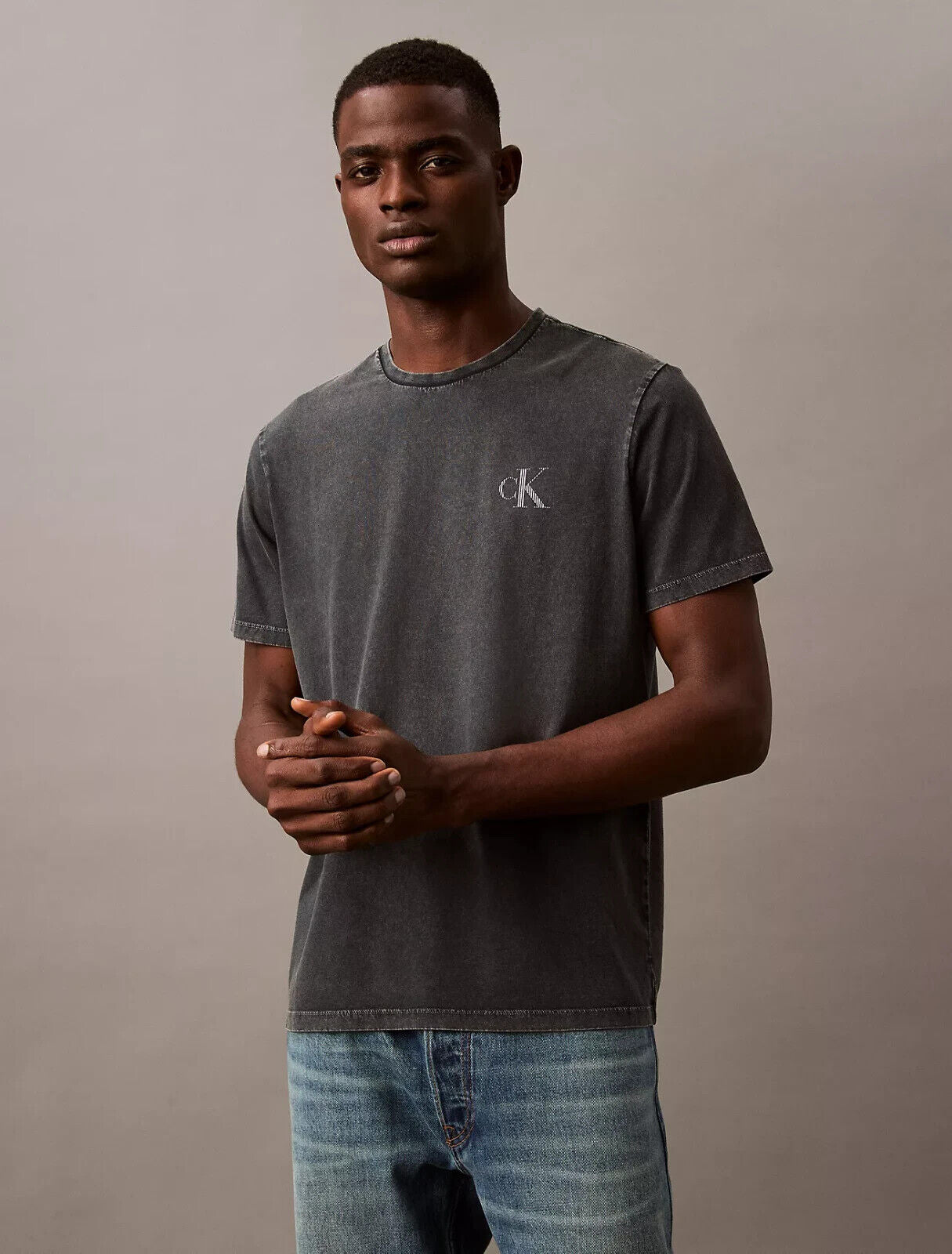 Calvin Klein Acid Wash 40EC801-001 T-Shirt Men Black Monogram Logo Crew Neck Tee