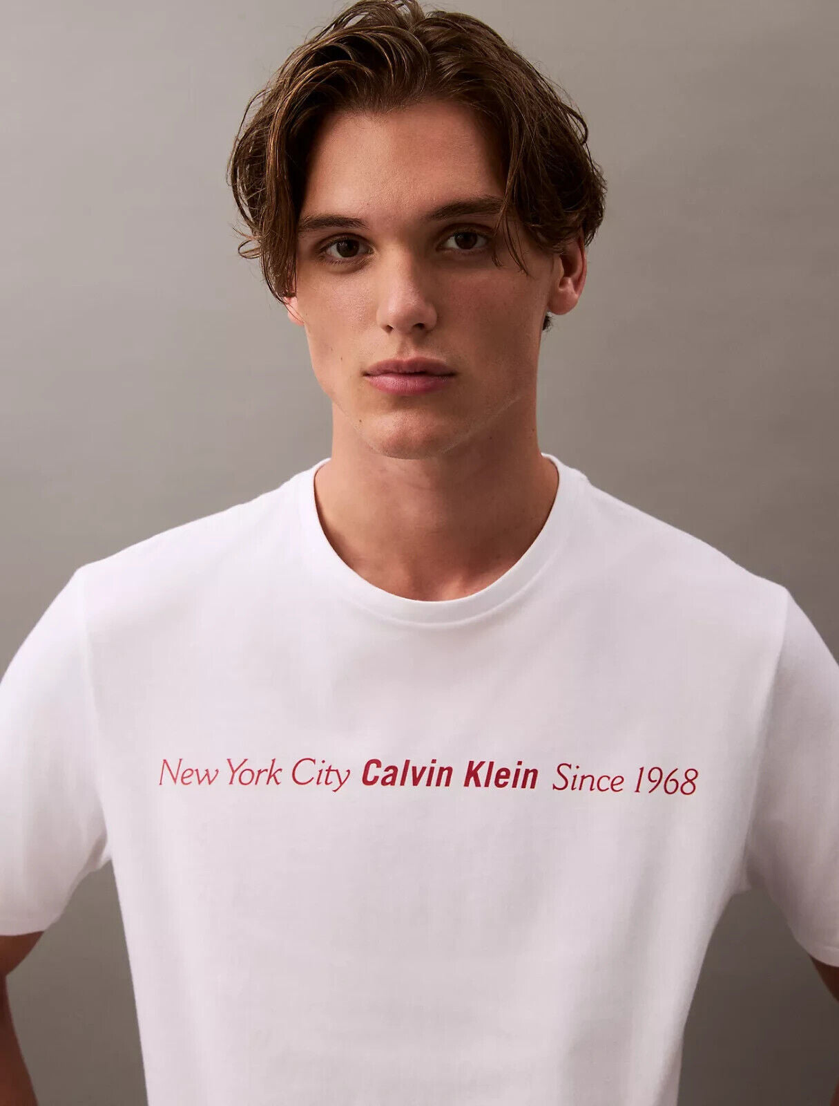 Calvin Klein 40EM860-110 T-Shirt Mens White Cotton Linear Text Logo Pullover Tee
