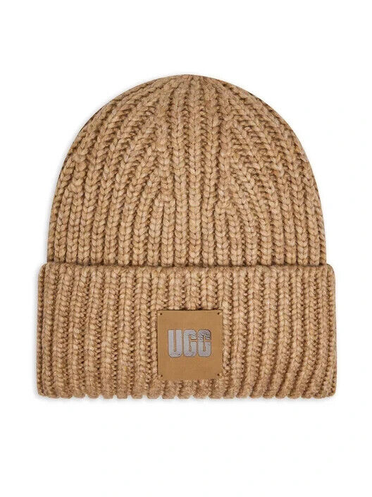 Ugg Chunky 20061-CAM Beanie Women's Camel Rib Knit Logo Patch Fold Over Cuff Hat