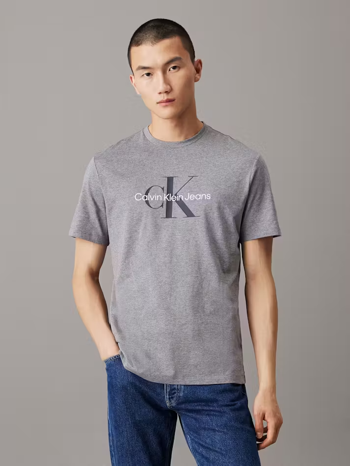 Calvin Klein 40EM286-032 T-Shirt Men's Gray Cotton Monogram Short Sleeve Tee
