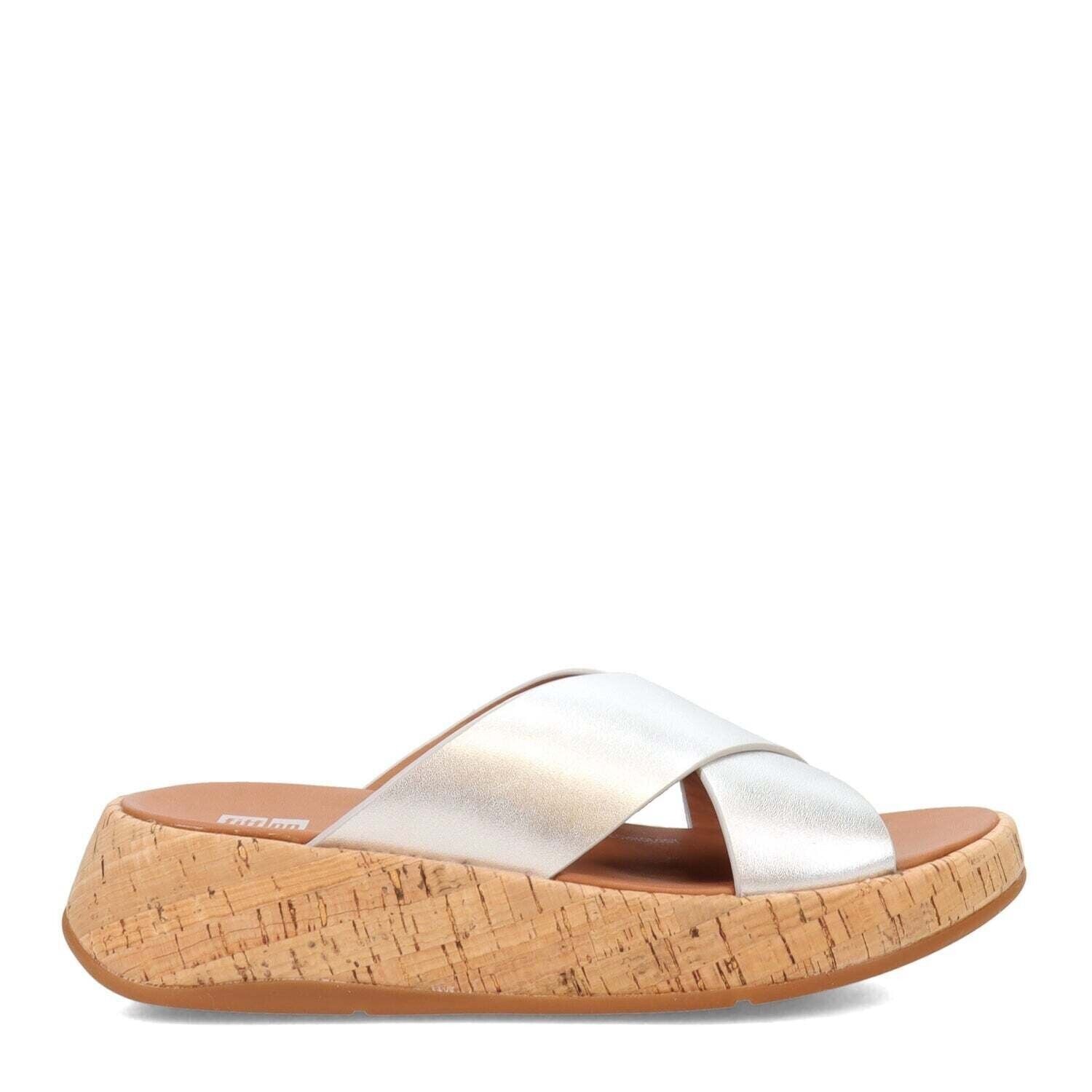 FitFlop F-Mode Cross Sandals Womens Silver Leather Cork Flatform Slip-on.