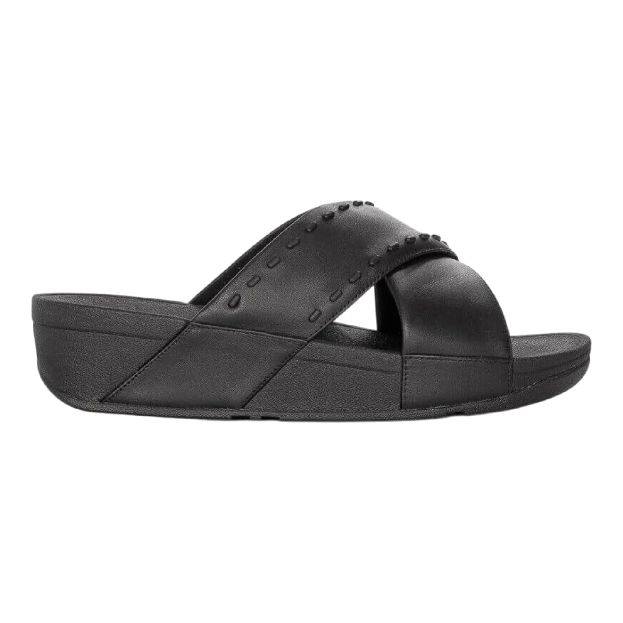 FitFlop Lulu Cross Slide Slipper Women Black Leather Rubber-Stud Slip On FitFlop