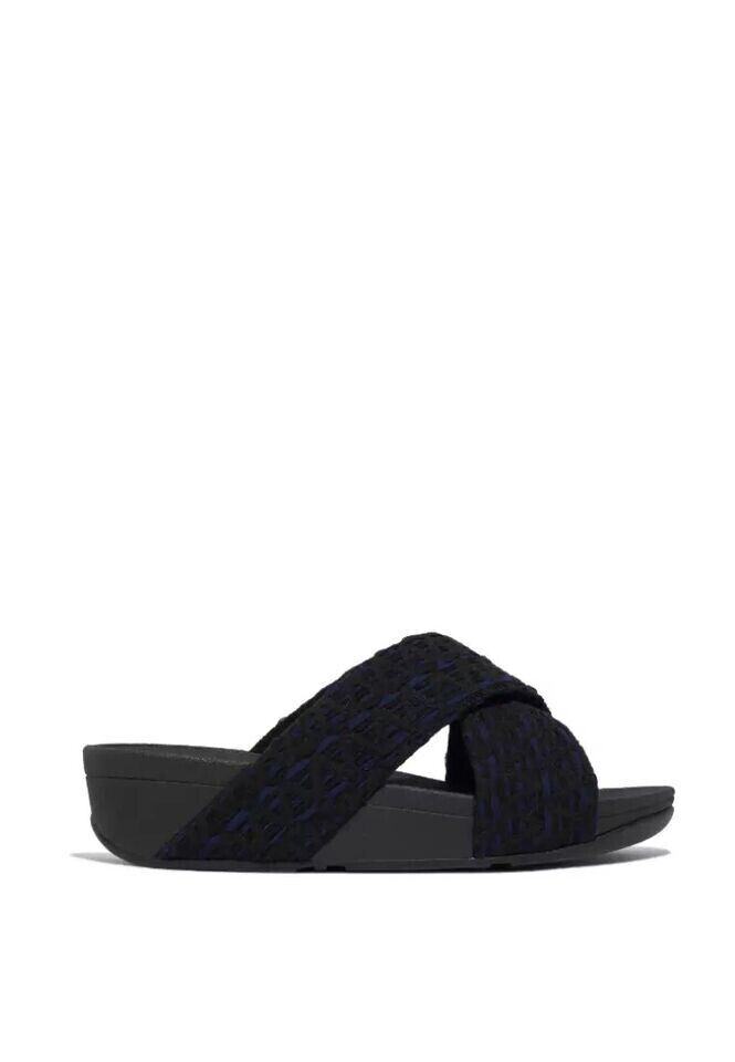 FitFlop Lulu Cross Slides Sandals Women's Black Mix Geo-Webbing Slip On.