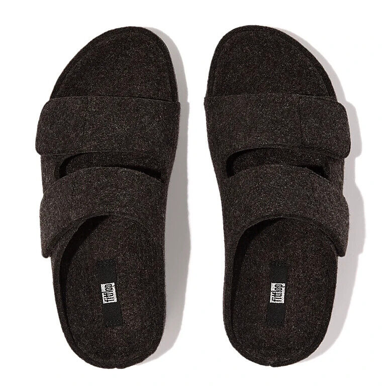 FitFlop Shuv Slide Sandals Women's Black Adjustable Two-Bar Felt