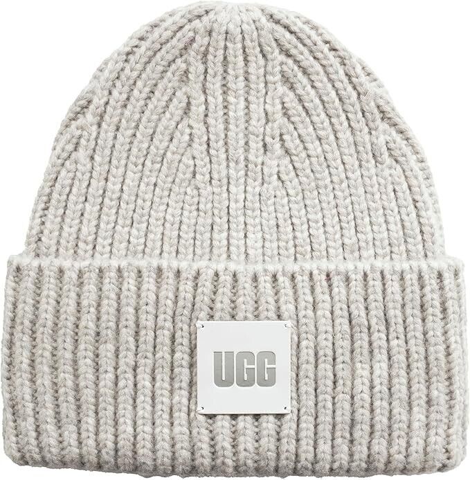 Ugg Chunky 20061-LGRY Beanie Women's Gray Rib Knit Logo Patch Fold Over Cuff Hat