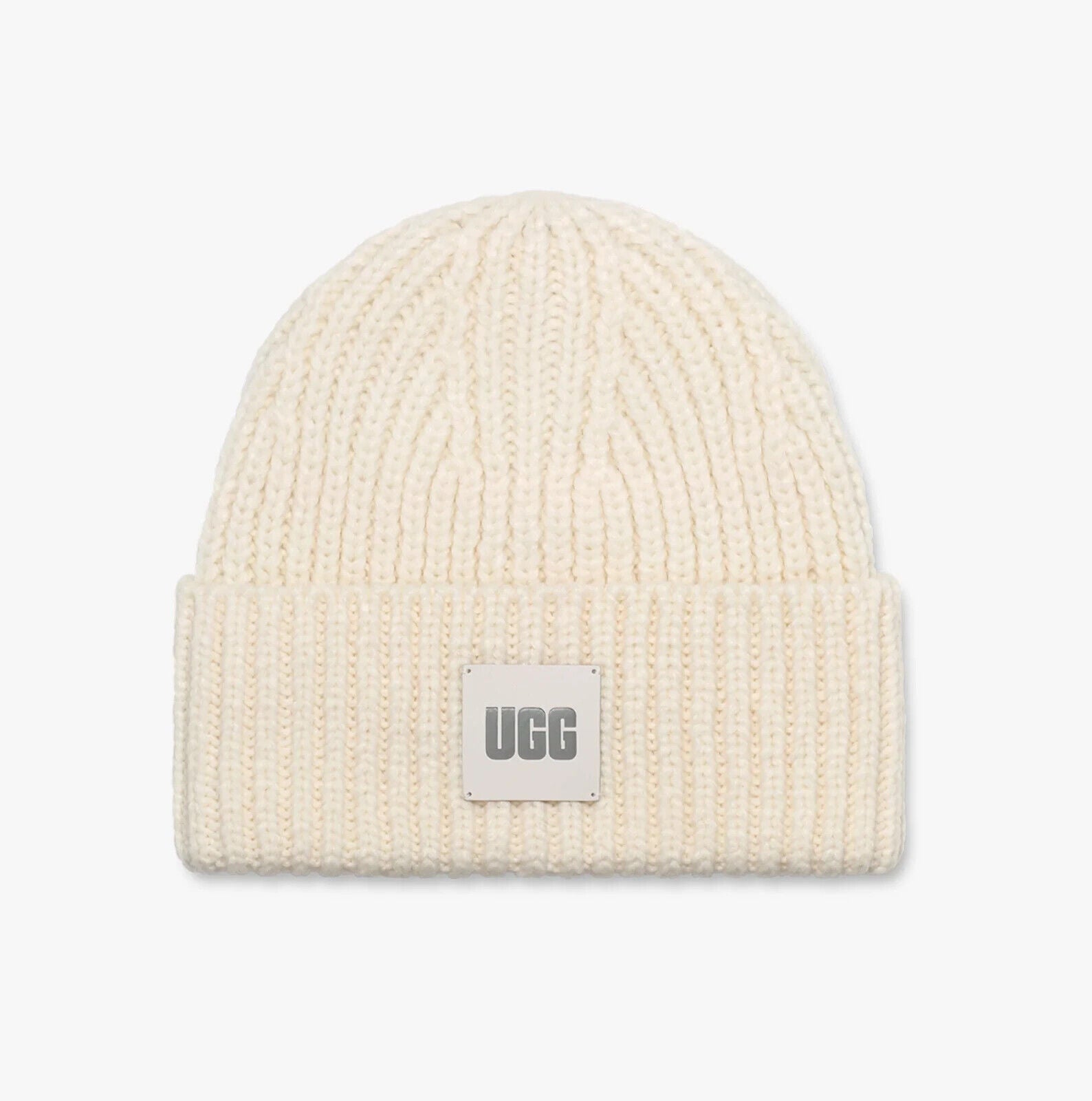 Ugg Chunky 20061-NMB Beanie Women's Ivory Rib Knit Logo Patch Fold Over Cuff Hat