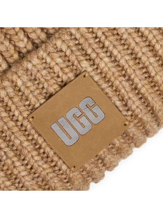 Ugg Chunky 20061-CAM Beanie Women's Camel Rib Knit Logo Patch Fold Over Cuff Hat