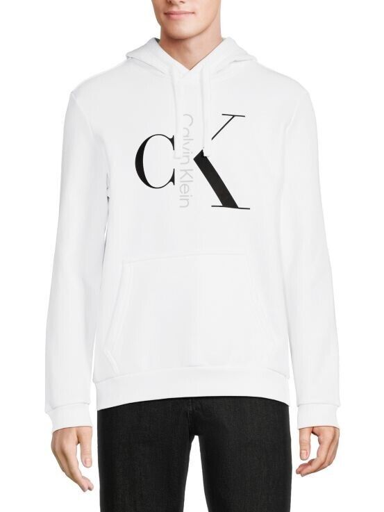 Calvin Klein Hoodie Men's White Logo Print Long Sleeve Pullover