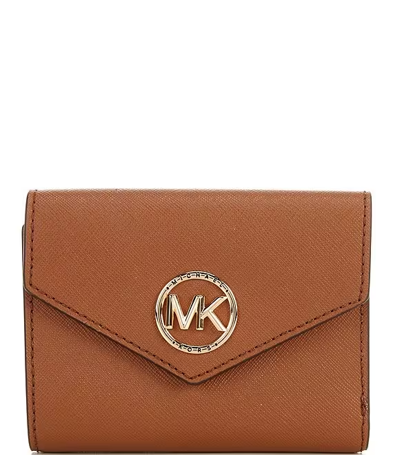 Michael Kors Greenwich Wristlet Brown Medium Tri-Fold Envelope Wallet.