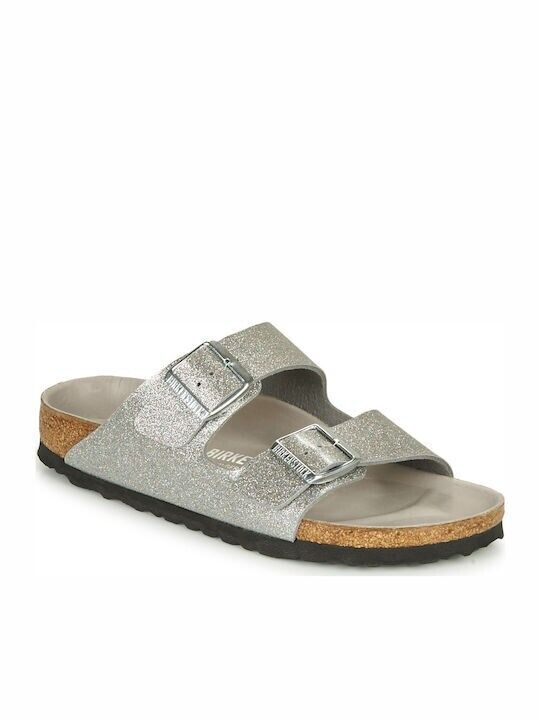 Birkenstock Arizona Slippers Women's Silver Glitter Soft Footbed Slip-On