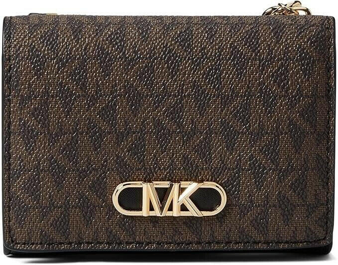 Michael Kors Parker Tri-Fold Wallet Women Medium Brown Logo Print.