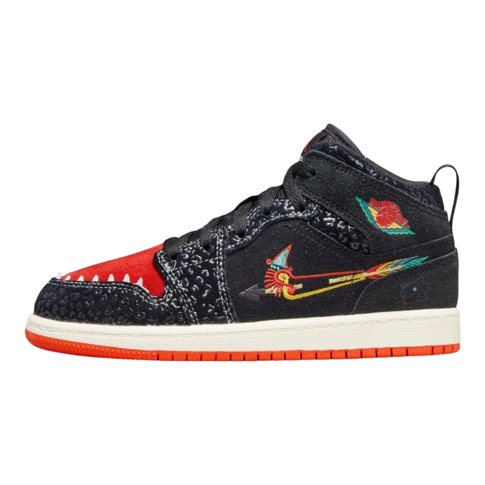 Jordan 1 Mid SE Kids Shoes Black/Sail/Roma Green/Chile Red