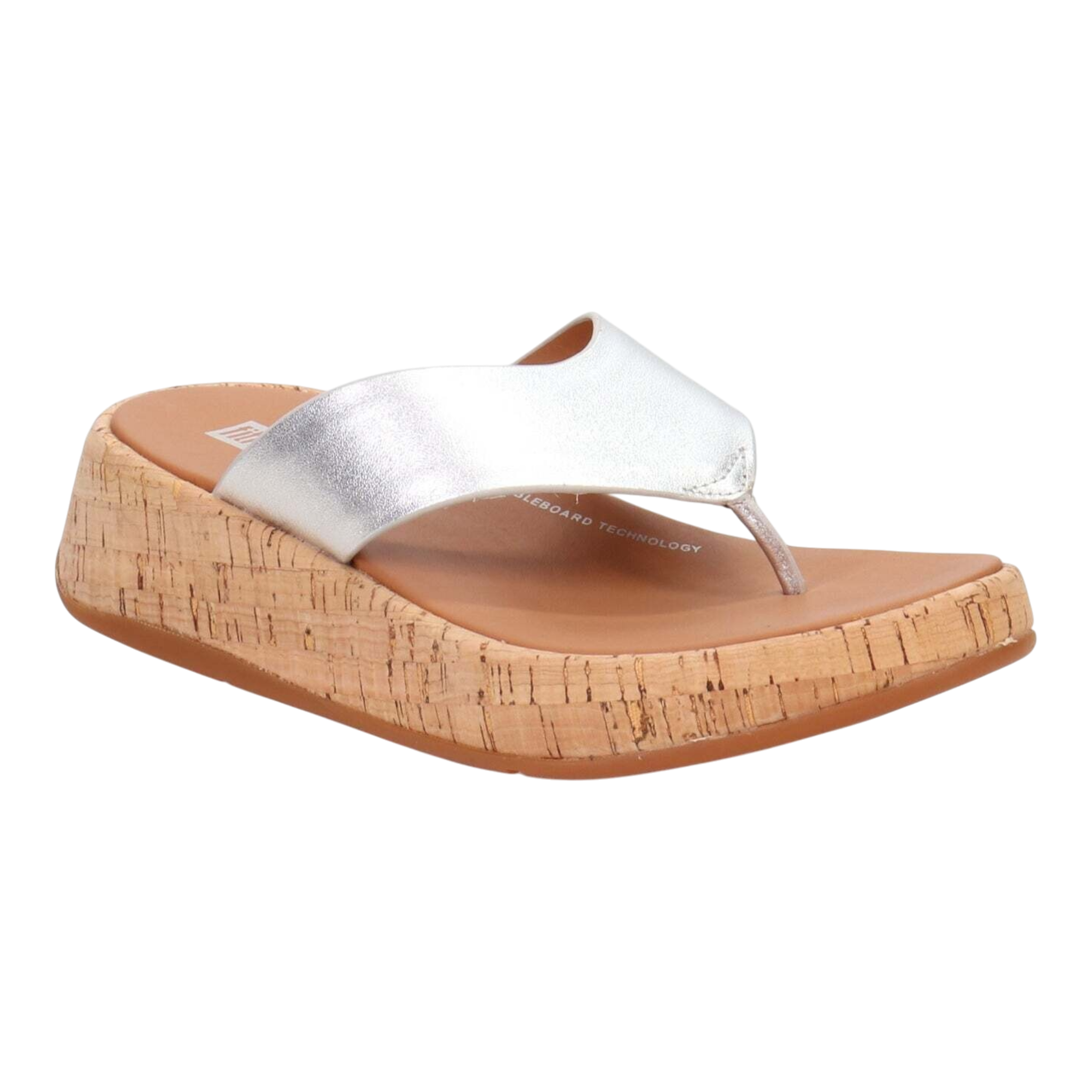 FitFlop F-Mode Leather/Cork Flatform Toe Women’s Sandals – Silver