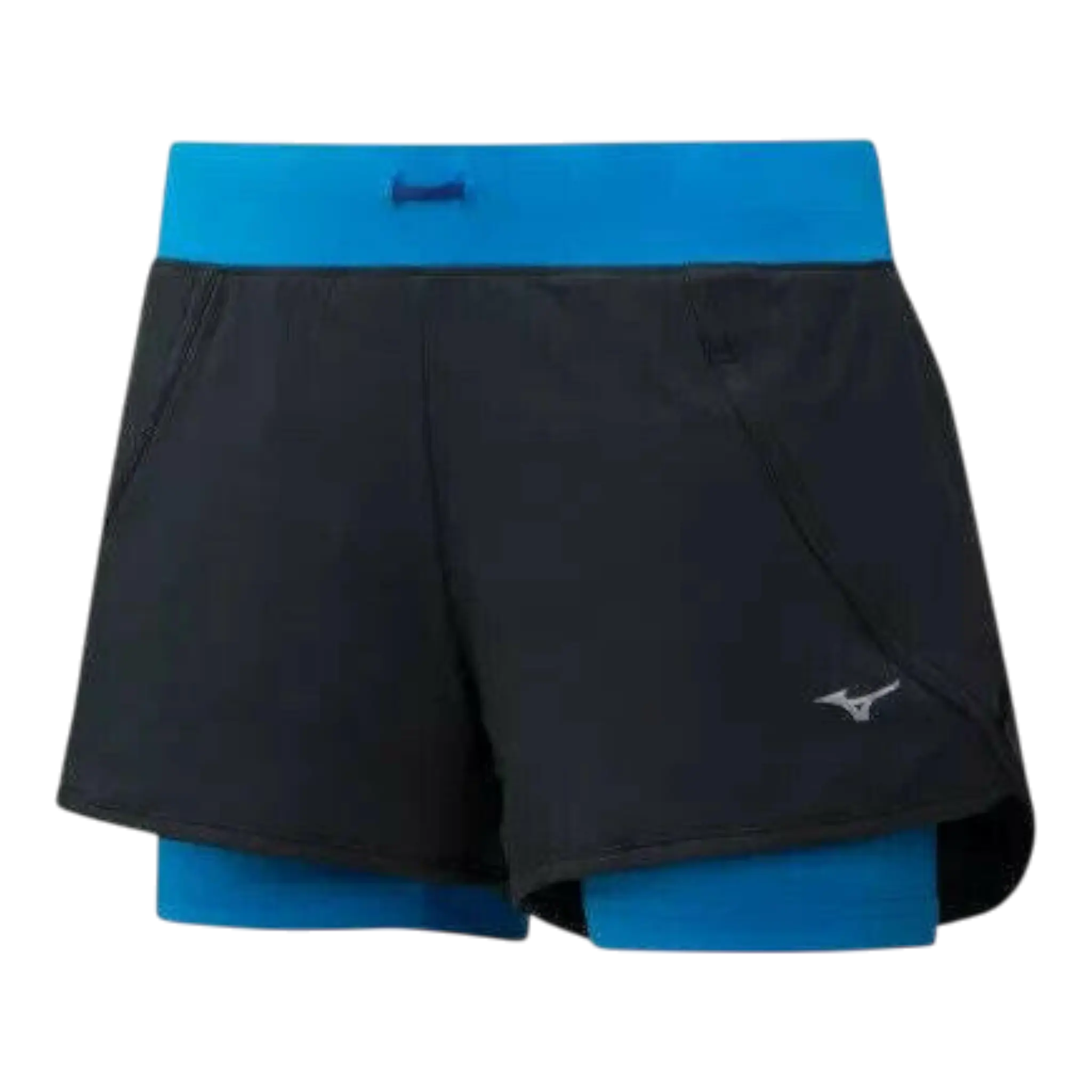 Mizuno Mujin 4.5 Running Shorts Women Black Blue 2-In-1 Elastic Waist Mizuno