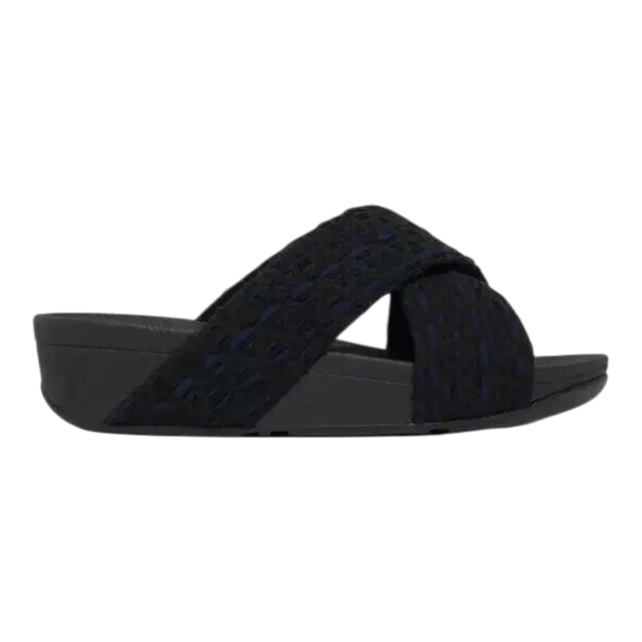 FitFlop Lulu Cross Slides Sandals Women's Black Mix Geo-Webbing Slip On FitFlop