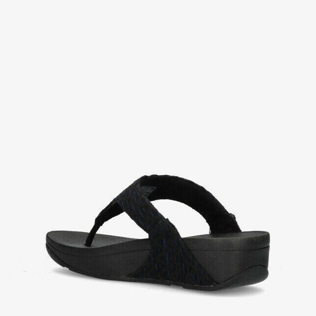 FitFlop Lulu Toe-Post Sandals Women's Black Geo-Webbing Slip On Slippers.
