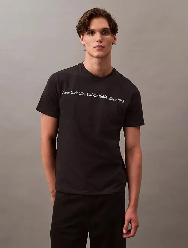 Calvin Klein T-Shirt Men Black Cotton Linear Text Logo Crew Neck Tee
