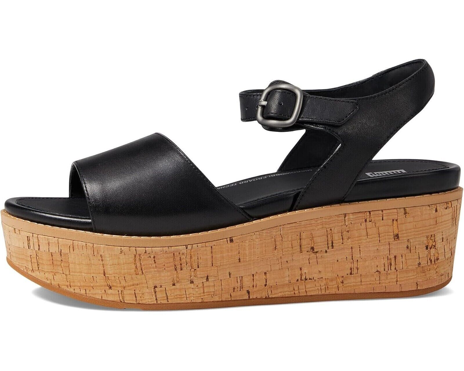 FitFlop Eloise Wedge Sandals Women's Black Leather Cork-Wrap Back-Strap.