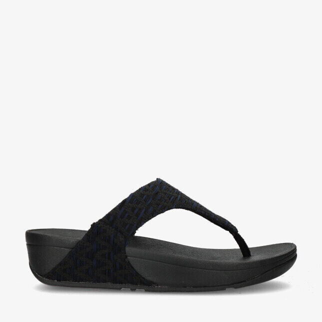 FitFlop Lulu Toe-Post Sandals Women's Black Geo-Webbing Slip On Slippers.