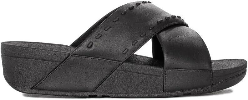 FitFlop Lulu Cross Slide Slipper Women Black Leather Rubber-Stud Slip On