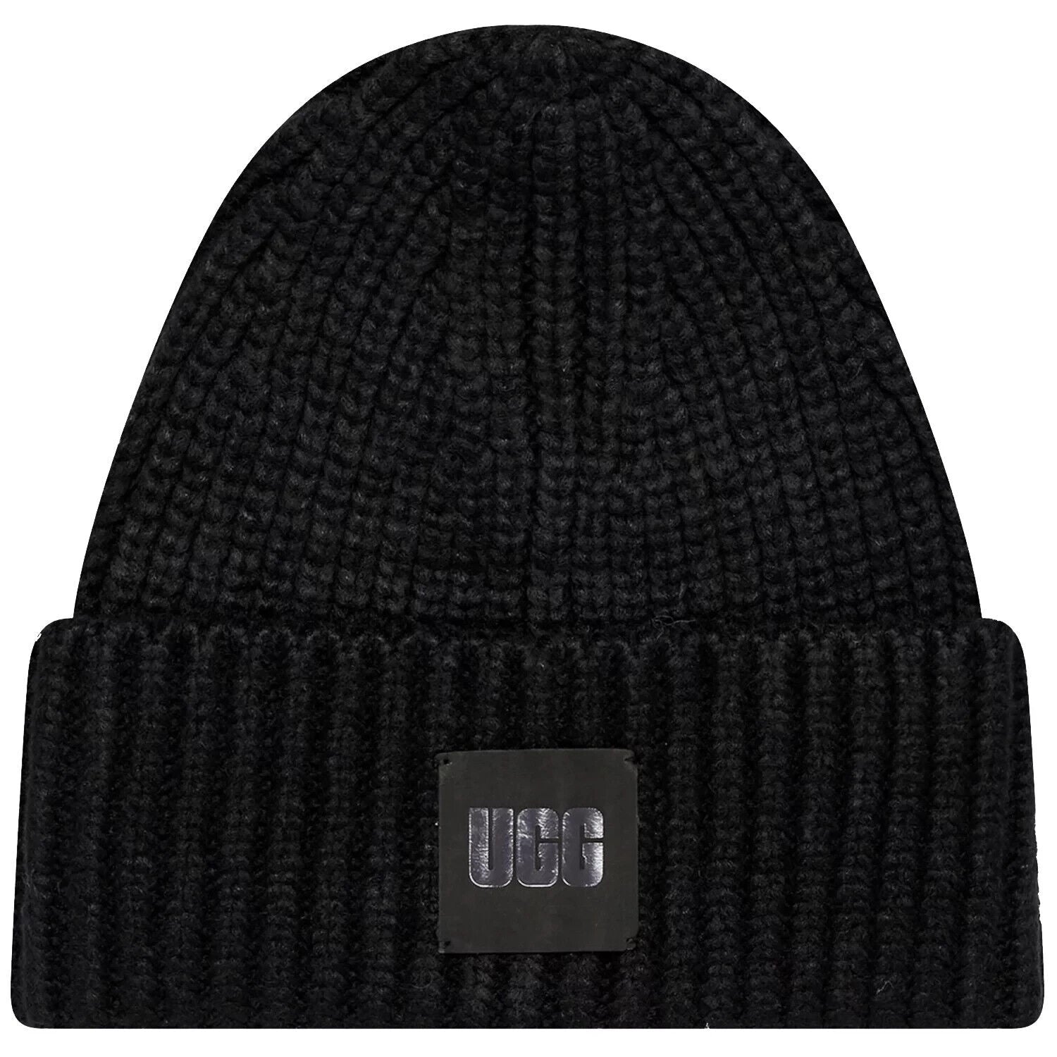 Ugg Chunky 20061-BLK Beanie Women's Black Rib Knit Logo Patch Fold Over Cuff Hat
