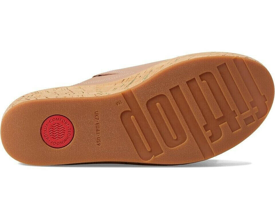 FitFlop Eloise Slides Sandals Women's Beige Leather Cork Wrap Wedge.